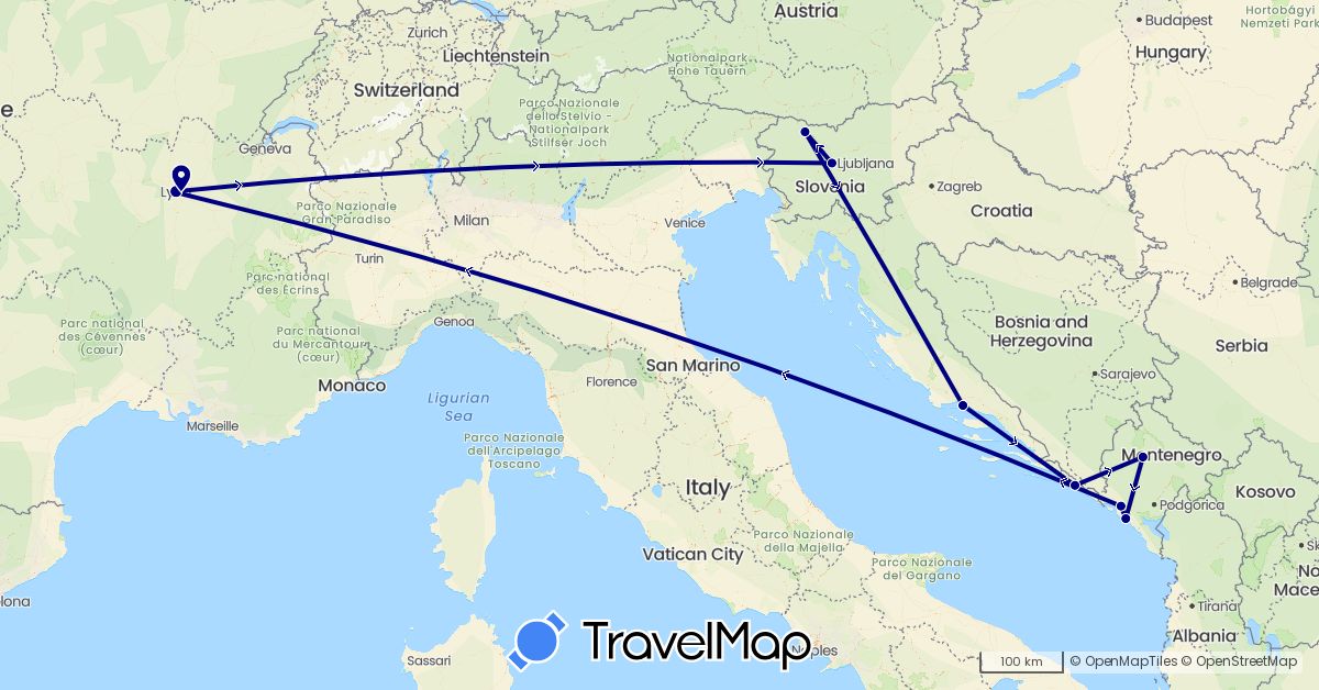 TravelMap itinerary: driving in France, Croatia, Montenegro, Slovenia (Europe)